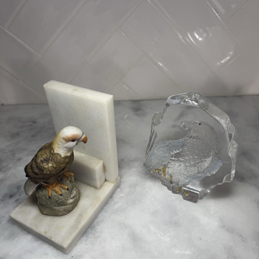 Vintage Eagle Bookends Marble & Lucite Bald Eagle Decor Set - Picture 2 of 3